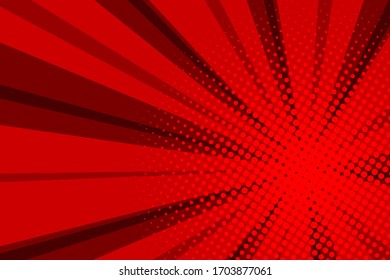 Comic red sunbeam background. Retro pop art style cartoon background. Vintage halftone vector illustration. Layout retro cartoon template. Comic book red superhero burst effect