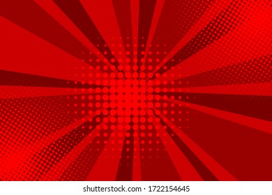 Comic red sunbeam background. Retro pop art style cartoon background. Vintage halftone vector illustration. Layout retro cartoon template. Comic book red superhero burst effect