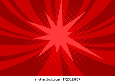 Comic red sunbeam background. Retro pop art style cartoon background. Vintage halftone vector illustration. Layout retro cartoon template. Comic book red superhero burst effect