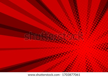 Comic red sunbeam background. Retro pop art style cartoon background. Vintage halftone vector illustration. Layout retro cartoon template. Comic book red superhero burst effect