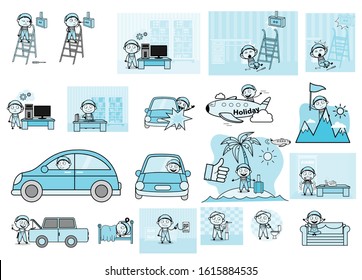 Comic Repairman Character with Many Concepts - Set of Concepts Vector illustrations