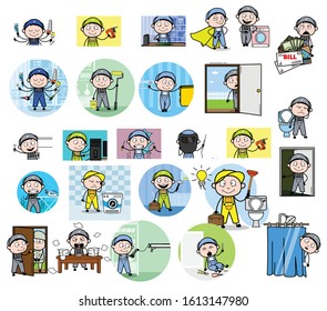 Comic Repairman with Many Concepts - Set of Concepts Vector illustrations