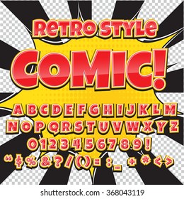 Comic retro alphabet set. Red color version. Letters, numbers and figures for kids' illustrations, websites, comics, banners.