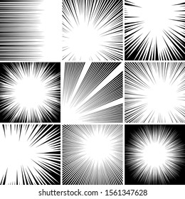 Comic retro background. Speed action lines template, comic book stripe effects and motion wave explosions elements vector background set. Vintage radial speed backdrops. Action frames