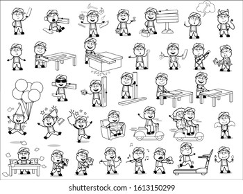 Comic Retro Carpenter Character - Set of Concepts Vector illustrations