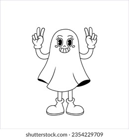 Comic retro cartoon ghost character with happy smile face. Groovy vector illustration in line style.