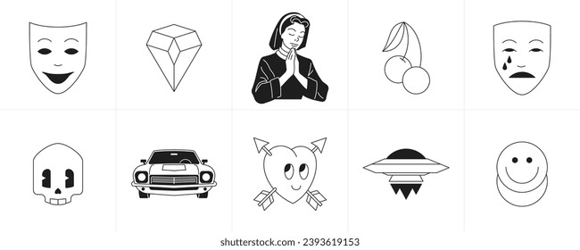 Comic retro groovy surreal cartoon characters monochrome line icon set vector illustration. Psychedelic minimal tattoo sticker happy crying mask brilliant nun cherry skull vintage car heart alien