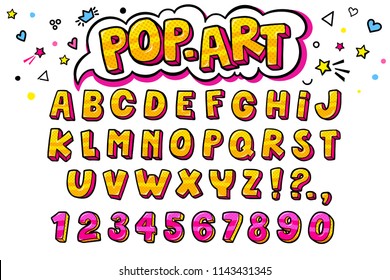 Comic retro letters set. Alphabet letters and numbers in style of comics, pop art for title, headline, poster, comics, or banner design. Vector illustration.