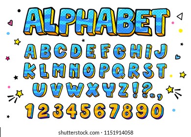 Comic retro letters set. Alphabet letters and numbers in style of comics, pop art for title, headline, poster, comics, or banner design. Vector illustration.