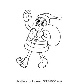 Comic retro Santa Claus character. Groovy vector illustration in line style.