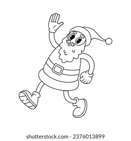 Comic retro Santa Claus character. Groovy vector illustration in line style.