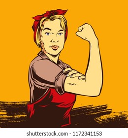 Comic Retro Strong Powerful Woman inspired by Rosie the Riveter used as a symbol of American feminism and women's economic power