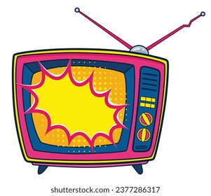 Comic retro tv icon in pop art retro comic style. Cartoon vintage 70s, 80s television. Vector illustration