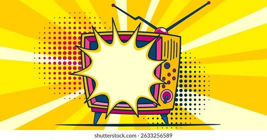 Comic retro tv on halftone and dots backdrop. Vector colorful background in pop art retro comic style. Cartoon vintage 70s, 80s television