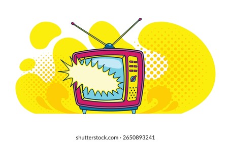 Comic retro tv em meio-tom e pontos de fundo. Vetor fundo colorido no estilo cômico retro pop art. Desenho animado vintage 70s, 80s televisão