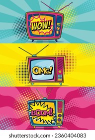 Comic retro tv set on halftone and dots backdrop. Vector colorful background in pop art retro comic style. Cartoon vintage 70s, 80s television