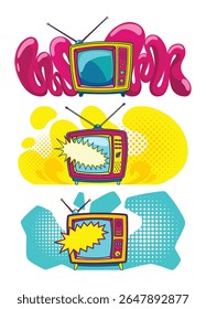 Comic retro tv definido em meio-tom e pontos de fundo. Vetor fundo colorido no estilo cômico retro pop art. Desenho animado vintage 70s, 80s televisão
