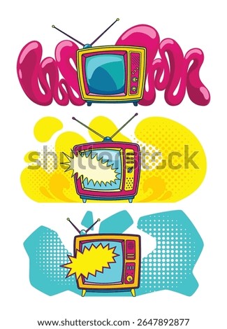 Comic retro tv set on halftone and dots backdrop. Vector colorful background in pop art retro comic style. Cartoon vintage 70s, 80s television