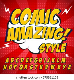 Comic retro yellow alphabet set. Letters, numbers and figures for kids' illustrations, websites, comics, banners.