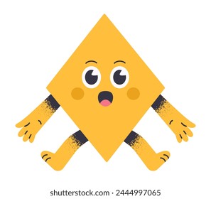 Comic rhombus mascot. Adorable geometric shape character with surprise emotions, cute yellow rhombus with funny face flat vector illustration. Funny geometric shape