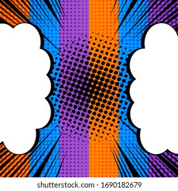 Comic rivalry concept with blank speech bubbles dark rays and halftone effects on vertical stripes background. Vector illustration