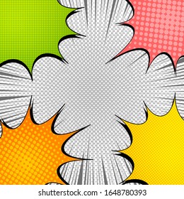 Comic rivalry concept with colorful speech bubbles in corners of composition on gray halftone radial and rays background. Vector illustration