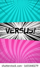 Comic rivalry vertical concept with black Versus wording two opposite turquoise and pink sides with radial rays and halftone effects. Vector illustration