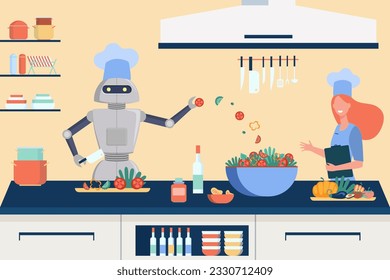 Comic robot chef cooking salad in kitchen vector illustration. Cartoon drawing of robotic cook making meal according to recipe, happy programmer. Artificial intelligence, programming, cooking concept