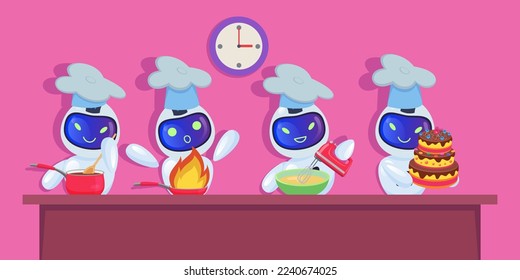 Comic robots in chef hats cooking meal vector illustration. Cartoon drawing of cyborg characters baking cake in kitchen, competition. Food, artificial intelligence, modern technology concept