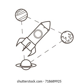 Comic Rocket Between Three Planets Vector Illustration