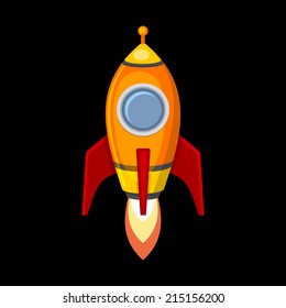 Comic Rocket Ship in Cartoon Style. Isolated on Black. Vector illustration