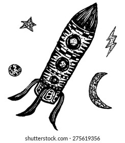 Comic Rocket Ship Hand Drawn/
Illustration of a funny hand drawn cartoon sci-fi rocket ship flying