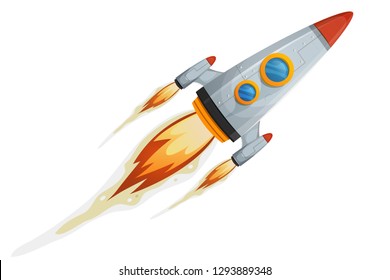 Comic Rocket Ship/
Illustration of a cartoon retro iron spaceship blasting off and flying isolated on white