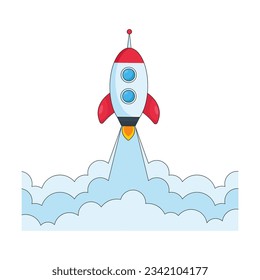 Comic rocket ship launching in air vector illustration. Spaceship flying up, cloud of smoke isolated on white background. Transportation, space, universe, start up concept