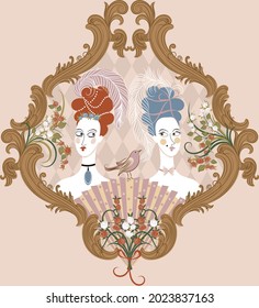 Comic rococo illustration for printing on fabric and wrapping paper, wallpaper and magazines
