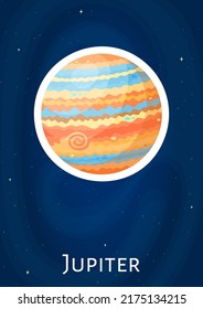 Comic round solar system planet Jupiter design sticker, flat astronomical object graphic patch, cartoon celestial sphere art label on blue cosmic background for magic cosmic fantasia concept