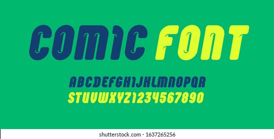 Comic rounded font, condensed bold alphabet, modern geometric modular letters and numbers for your design, vector illustration