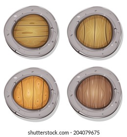Comic Rounded Viking Shields/ Illustration of a set of cartoon design viking warrior shields, with stone frames and various wooden textures