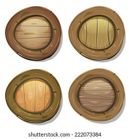 Comic Rounded Wood Viking Shields/ Illustration of a set of cartoon design viking warrior shields, with various wood frames, patterns and textures