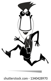 Comic runner isolated illustration. Comic cartoon man is running and listening music black on white
