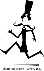 Comic runner mustache man in the top hat isolated illustration. Comic cartoon long mustache man in the top hat is running black on white
