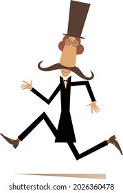 Comic runner mustache man in the top hat isolated illustration