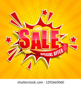 Comic Sale Boom banner in retro pop art style on sunburst background with dots and ribbon. Special offer card, discount template, sticker tag, label, advertising badge, banner. Vector illustration.