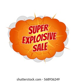 Comic sale discount promotion, vector illustration. Big cartoon bomb explosion. Colored with text.