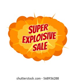 Comic sale discount promotion, vector illustration. Big cartoon bomb explosion. Colored with text.