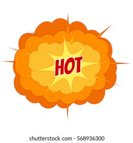 Comic sale discount promotion, vector illustration. Big cartoon bomb explosion. Colored with text.