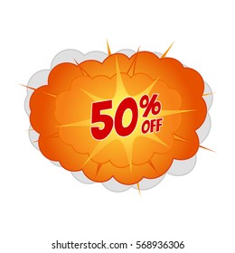 Comic sale discount promotion, vector illustration. Big cartoon bomb explosion. Colored with text.