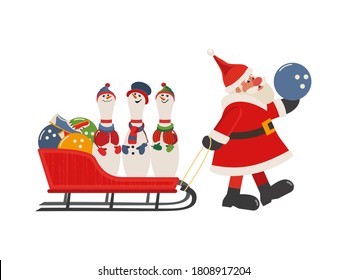 Comic Santa, bowling pins in sleigh vector icon. Cute pin smowman costume cartoon. Winter season holiday bowling parties design element. Christmas New year event celebration background illustration