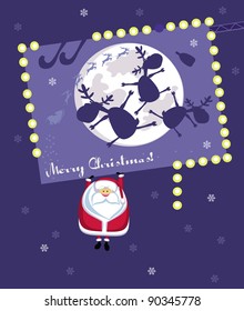 Comic Santa hanging on Christmas billboard. Vector illustration