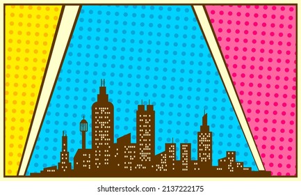 Comic scene background with city silhouette 